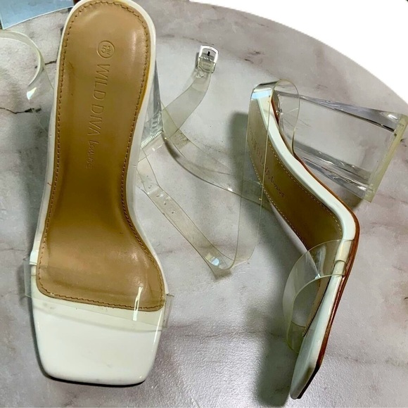 Wild Diva White Clear Strap Square Toe Block Heel Mule Shoes Size 7 4 Inch Heel - Picture 1 of 9